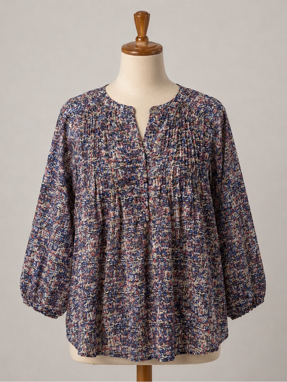 Pleione Multicolor Floral-Print Pleated Blouse - Navy, Pink, Cream